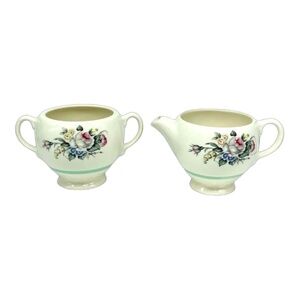 SALEM CHINA Co "Princess" Sugar Bowl & Creamer ~ Flowers w/ Green Stripe HTF!
